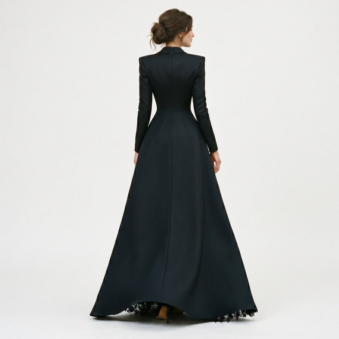 Women's luxurious lace evening gown paired with a sleek tailored blazer. Perfect for red carpet & gala outfits.