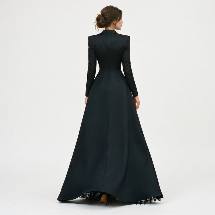 Women's luxurious lace evening gown paired with a sleek tailored blazer. Perfect for red carpet & gala outfits.