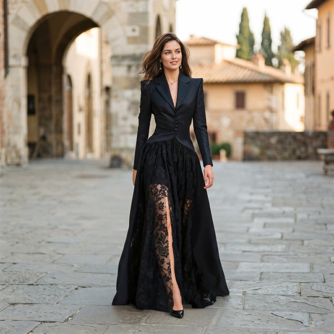 Sophisticated women's formal wear: elegant lace dress & tailored blazer set. Ideal for special occasions & parties.