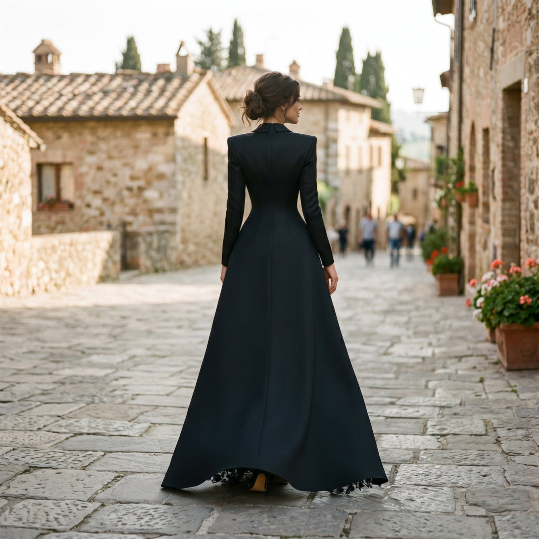 Stylish women's tailored blazer & delicate lace evening gown set. Perfect for sophisticated gala & red carpet events.
