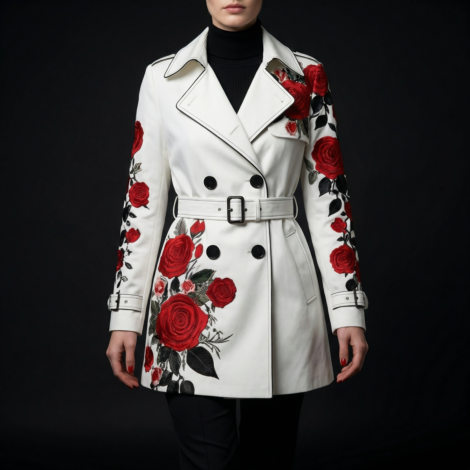 Elegant women's tailored coat with vibrant rose print, perfect for chic outerwear.