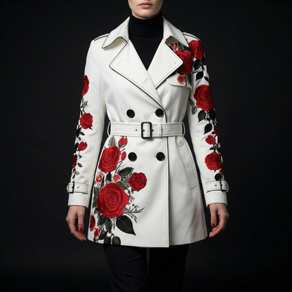 Elegant women's tailored coat with vibrant rose print, perfect for chic outerwear.