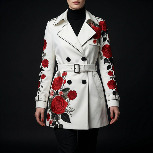 Elegant women's tailored coat with vibrant rose print, perfect for chic outerwear.