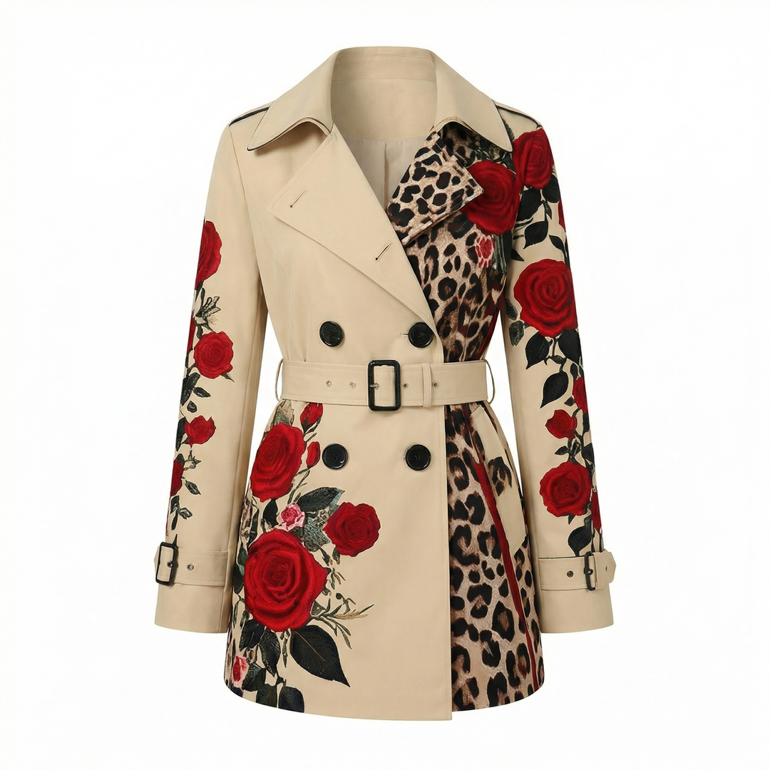 Elegant floral tailored coat for women, featuring a luxurious rose print design.
