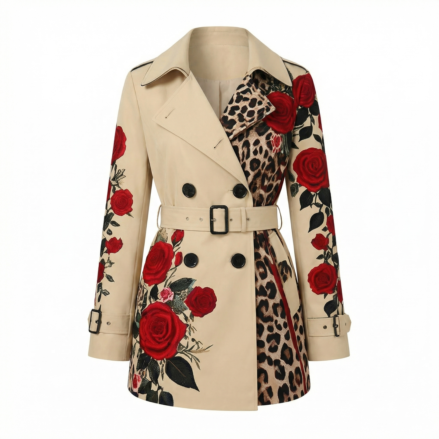 Elegant floral tailored coat for women, featuring a luxurious rose print design.