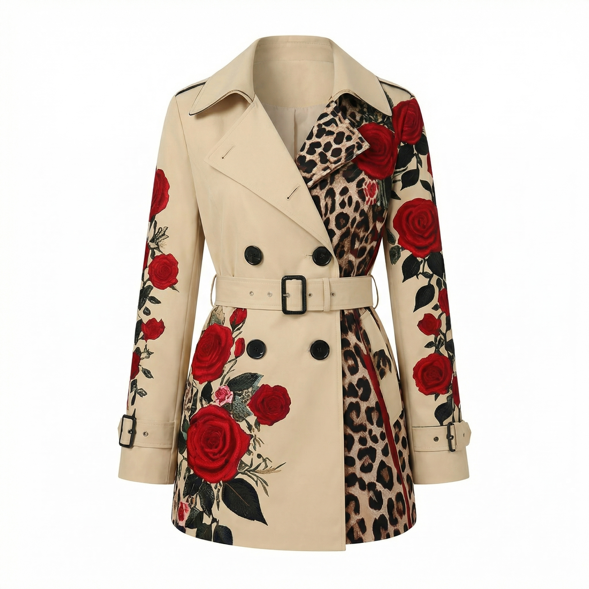 Elegant floral tailored coat for women, featuring a luxurious rose print design.