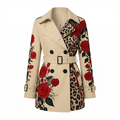 Elegant floral tailored coat for women, featuring a luxurious rose print design.