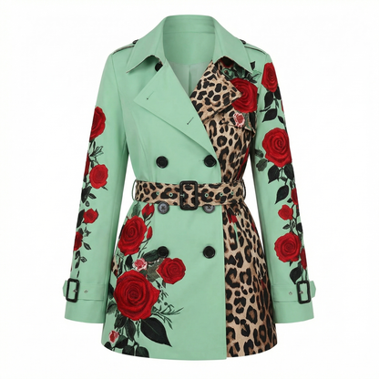 Chic women's tailored coat with a beautiful rose floral pattern, perfect statement outerwear.
