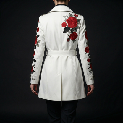 Chic women's tailored coat featuring a beautiful floral rose print, a stylish fashion statement.