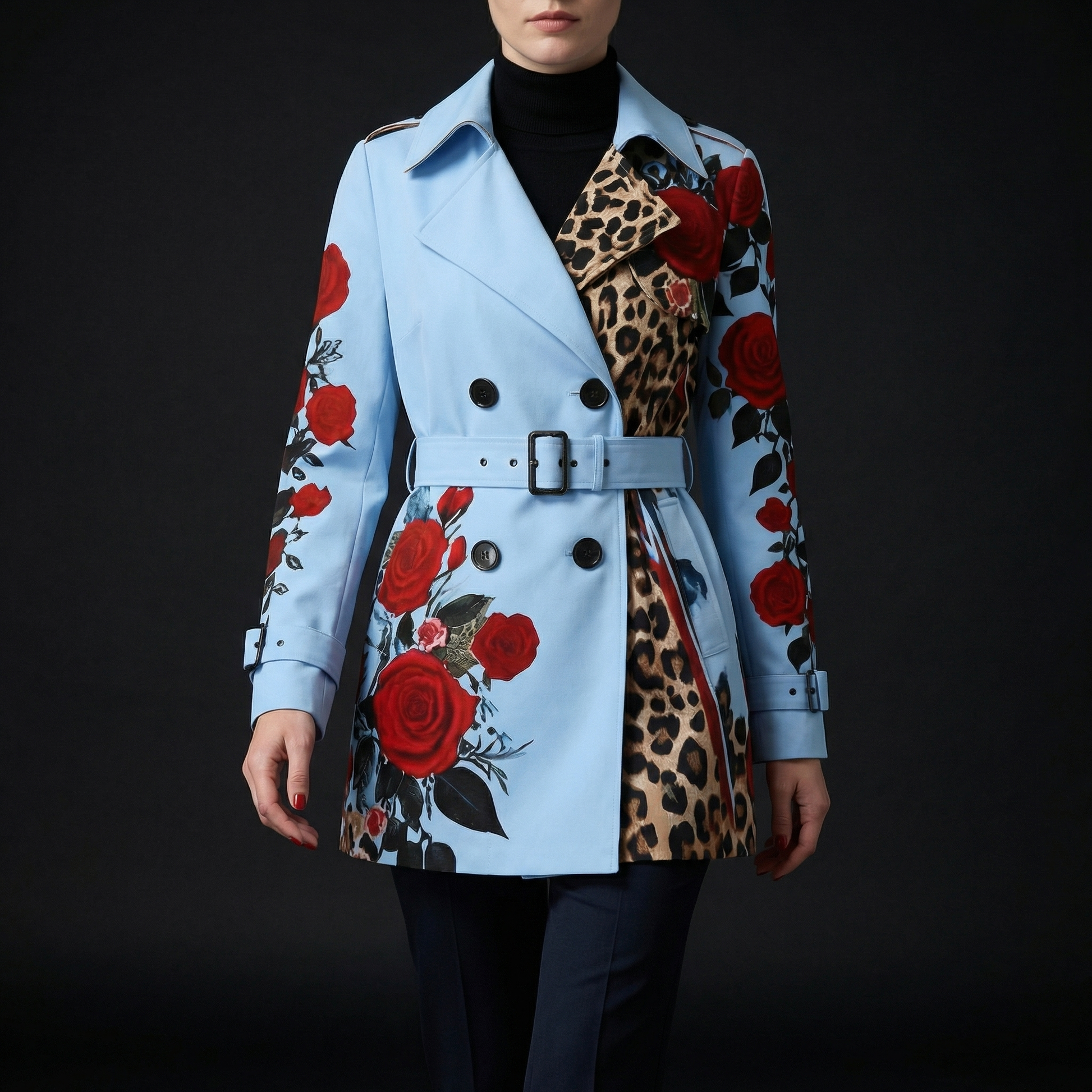 Stylish women's rose print tailored coat, an elegant outerwear piece for fashion-forward looks.