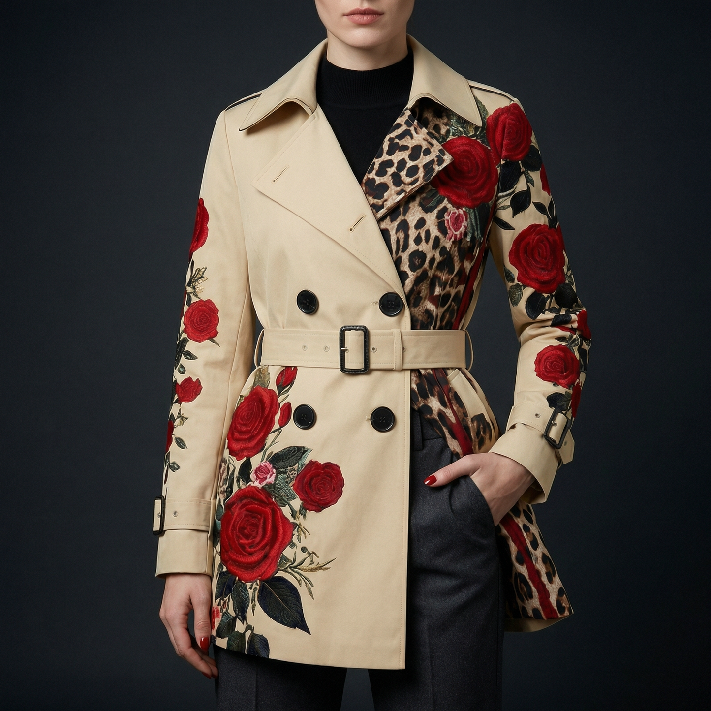 Women's elegant floral rose print coat, a sophisticated tailored outerwear choice.