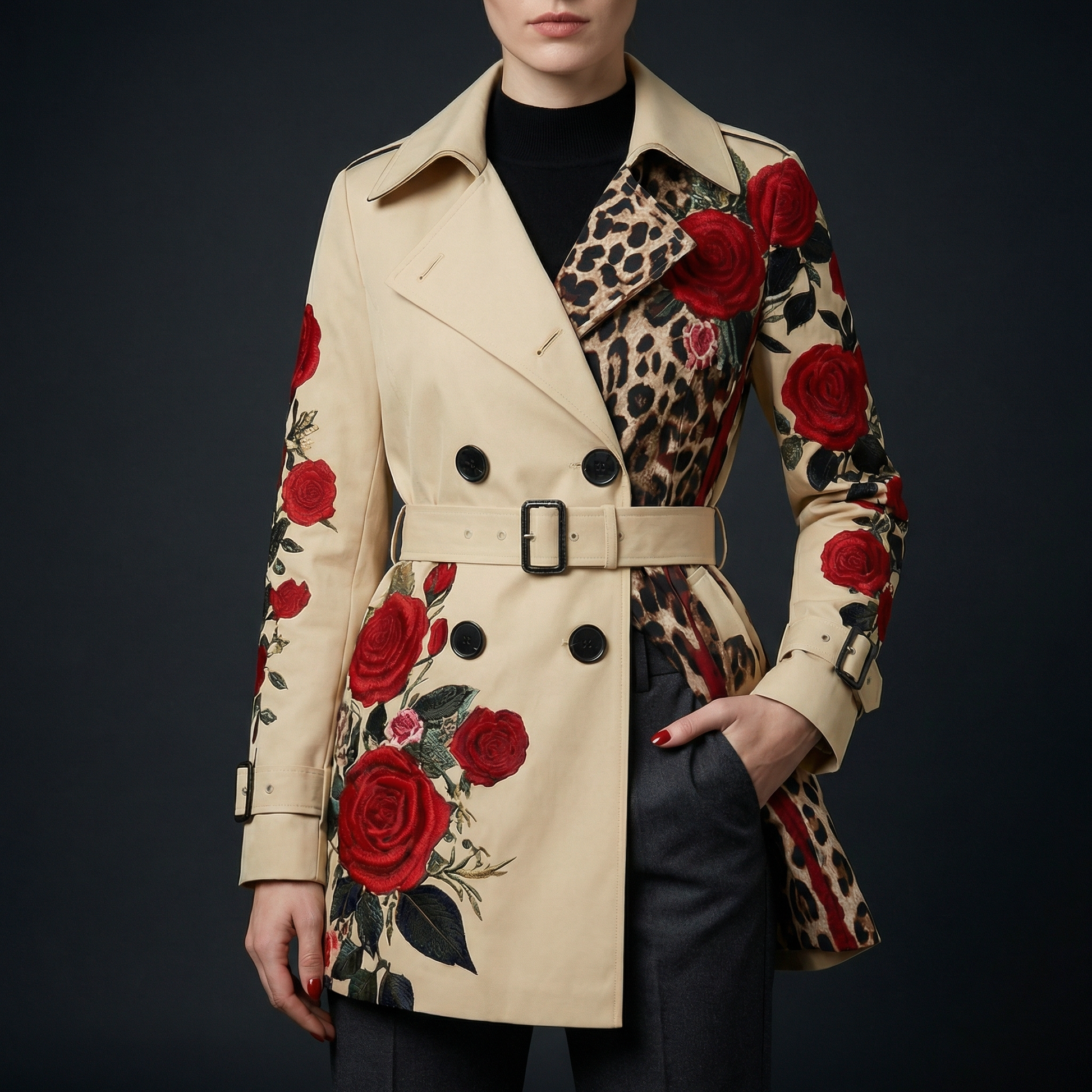 Women's elegant floral rose print coat, a sophisticated tailored outerwear choice.