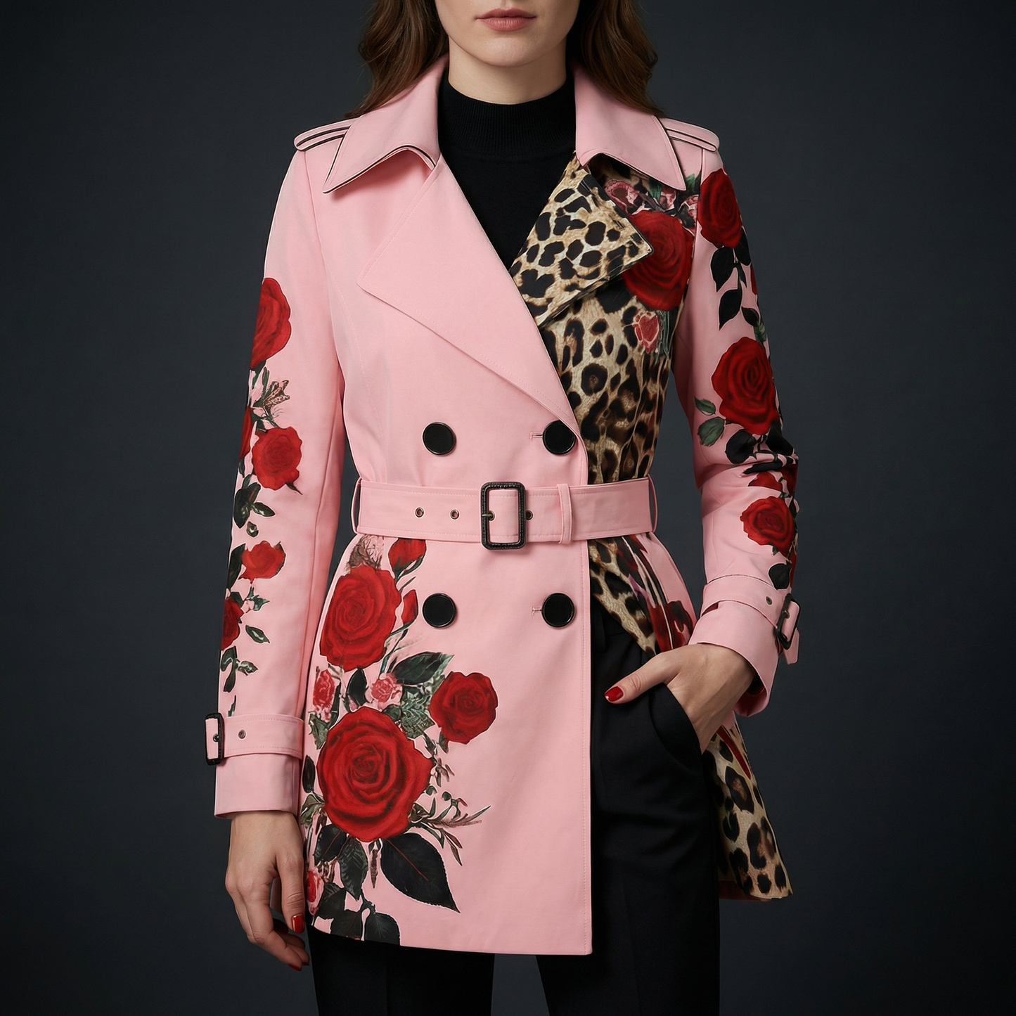 Fashionable women's tailored coat showcasing a stunning rose print, chic and stylish.