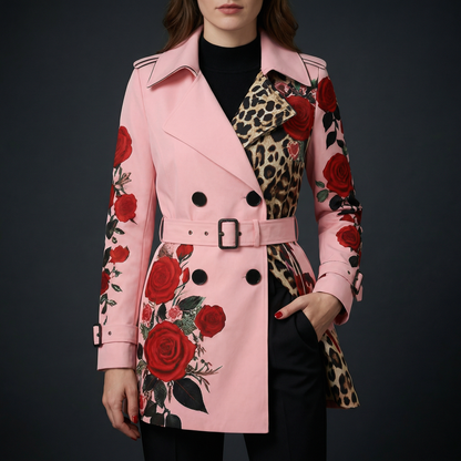 Fashionable women's tailored coat showcasing a stunning rose print, chic and stylish.