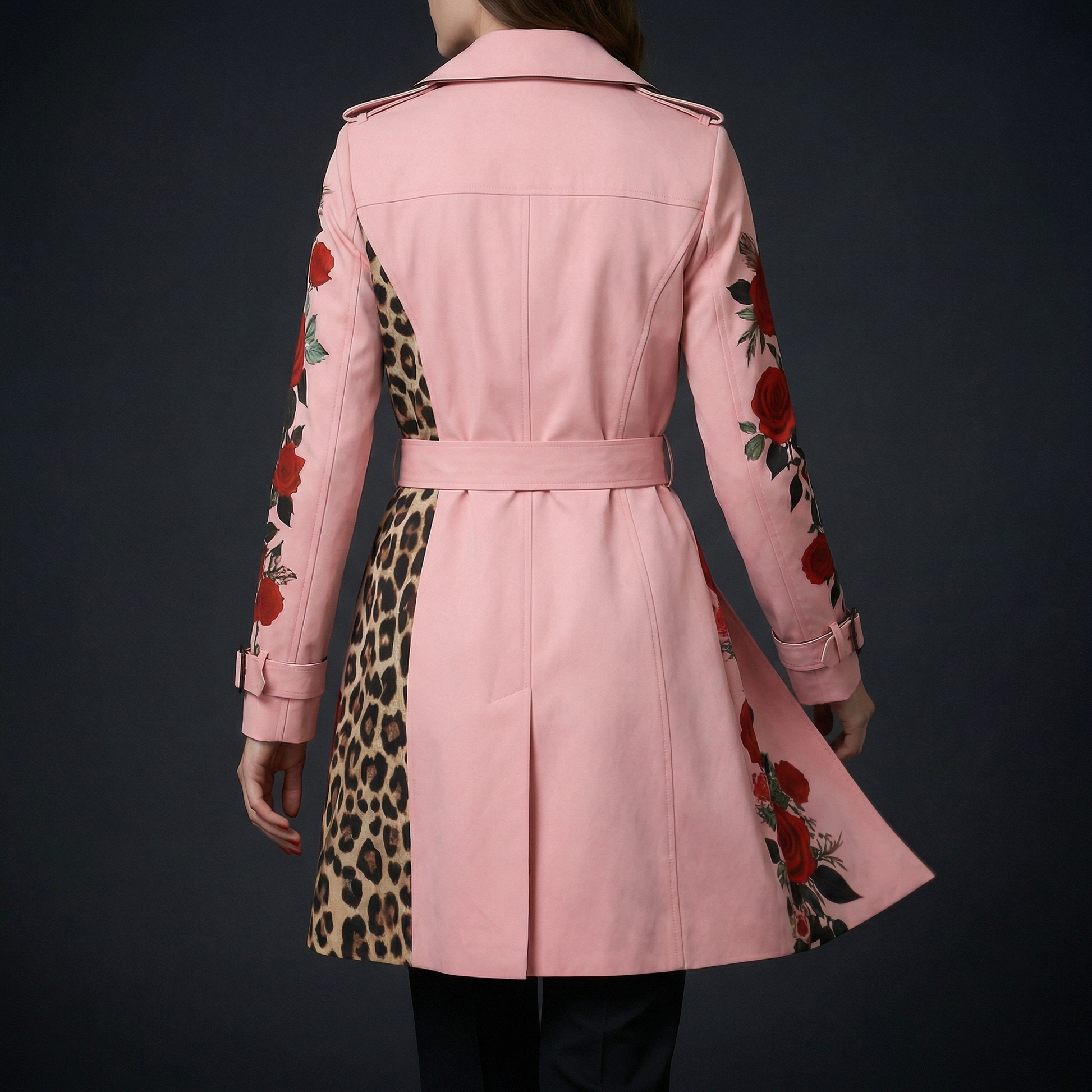 Sophisticated women's tailored coat with an all-over elegant rose print design.