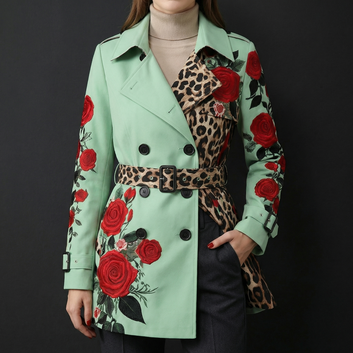 Vibrant rose print women's tailored coat, a statement piece for elegant outerwear fashion.