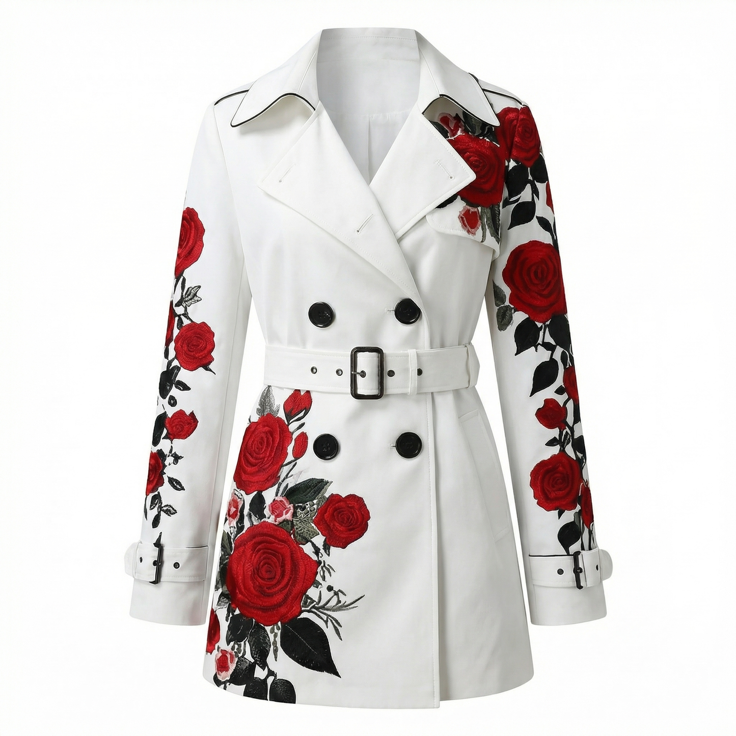 Women's chic rose print tailored coat, perfect for adding a floral touch to any outfit.