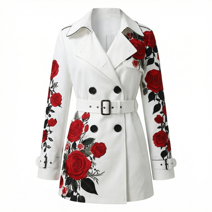 Women's chic rose print tailored coat, perfect for adding a floral touch to any outfit.