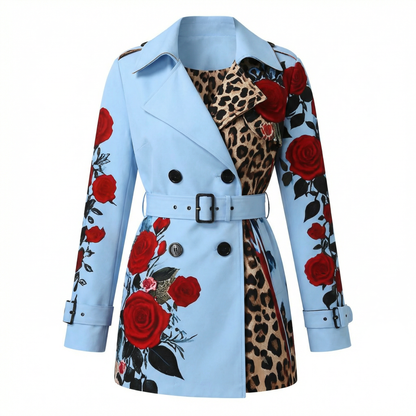 Tailored women's coat in an elegant rose print, stylish and unique outerwear.