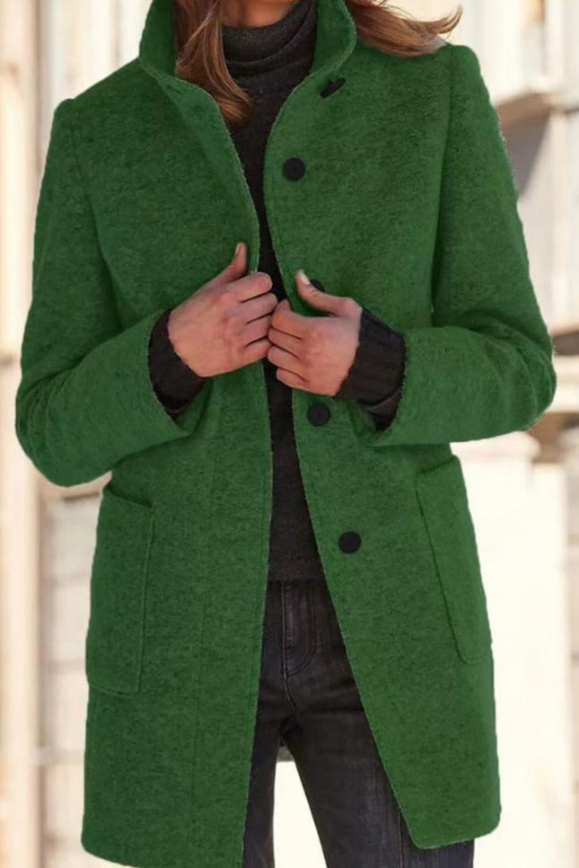 Sophisticated women's mid-length coat, tailored fit & button closure. Versatile for casual or formal fall/winter fashion.