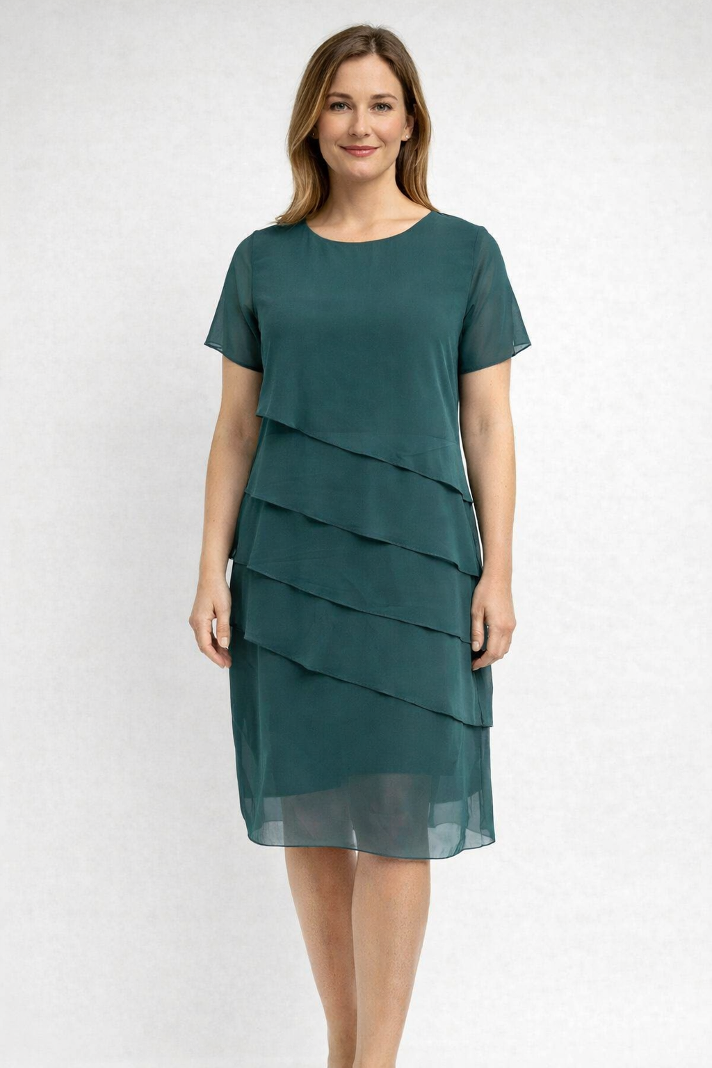 Elegant women's tiered midi dress, short sleeve, sophisticated style for summer events.