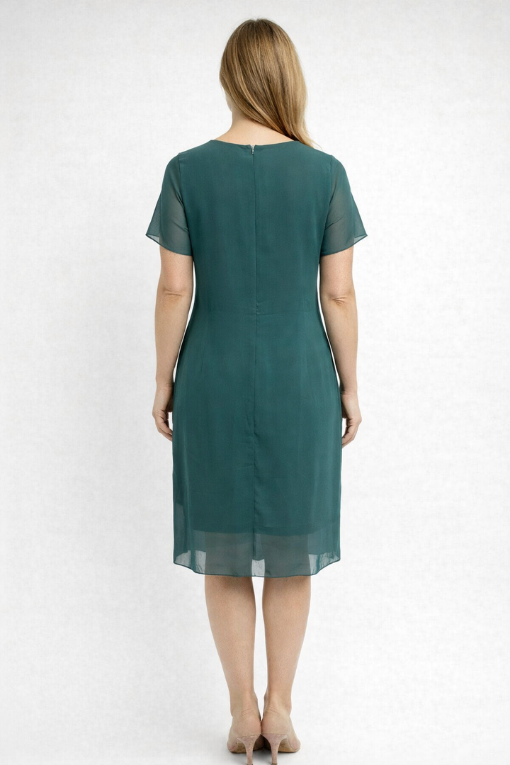 Chic asymmetrical tiered midi dress, short sleeve, elegant and modest cocktail attire for women.