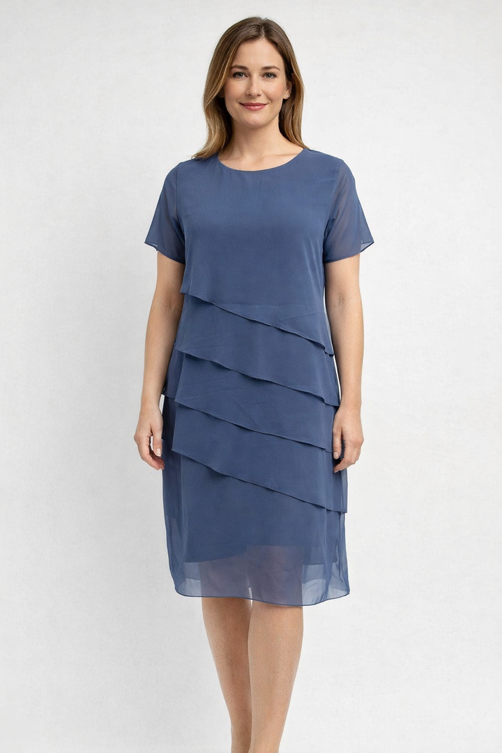 Flowy tiered midi dress for women, short sleeve, elegant design for chic fashion & sophisticated summer.