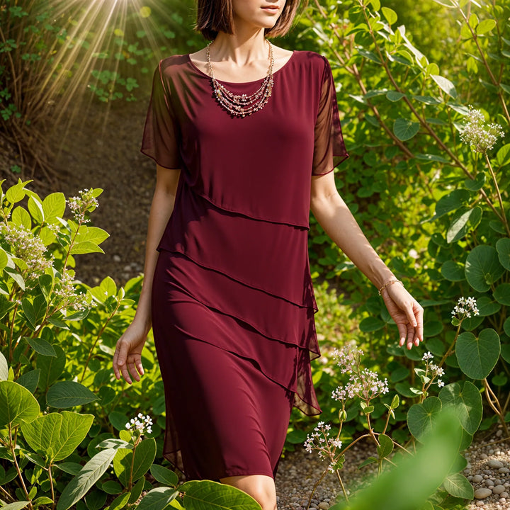 Stylish short sleeve tiered midi dress, elegant women's cocktail dress, perfect for sophisticated gatherings.
