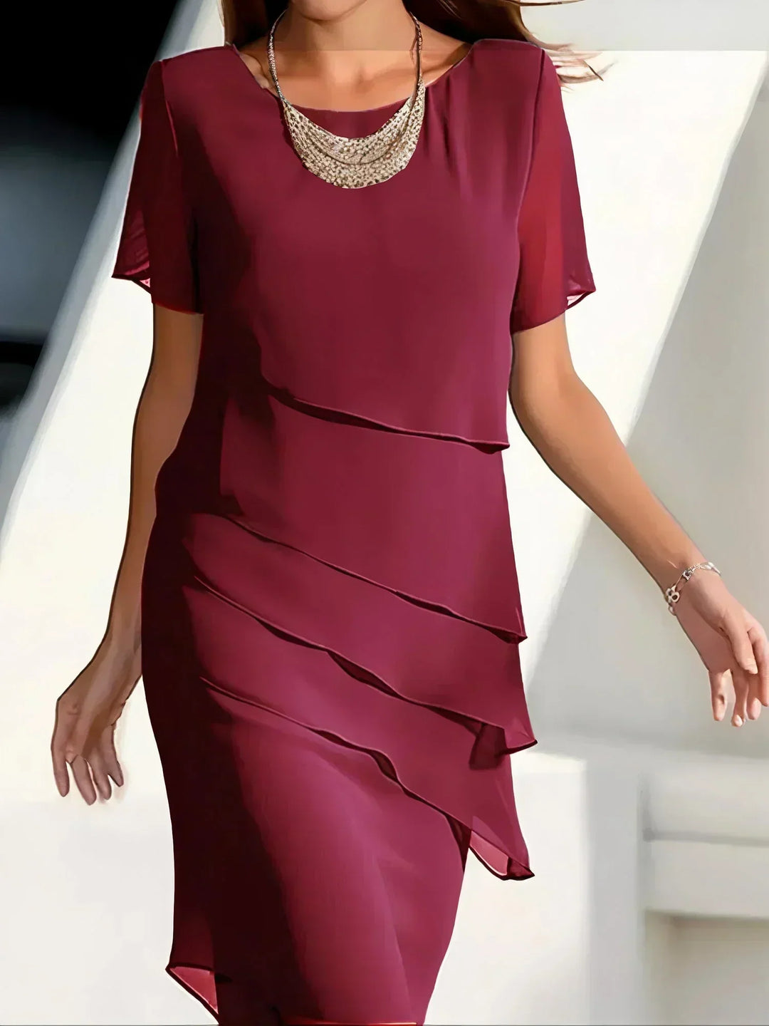 Comfortable & chic short sleeve tiered midi dress, women's elegant fashion, ideal for spring & summer.