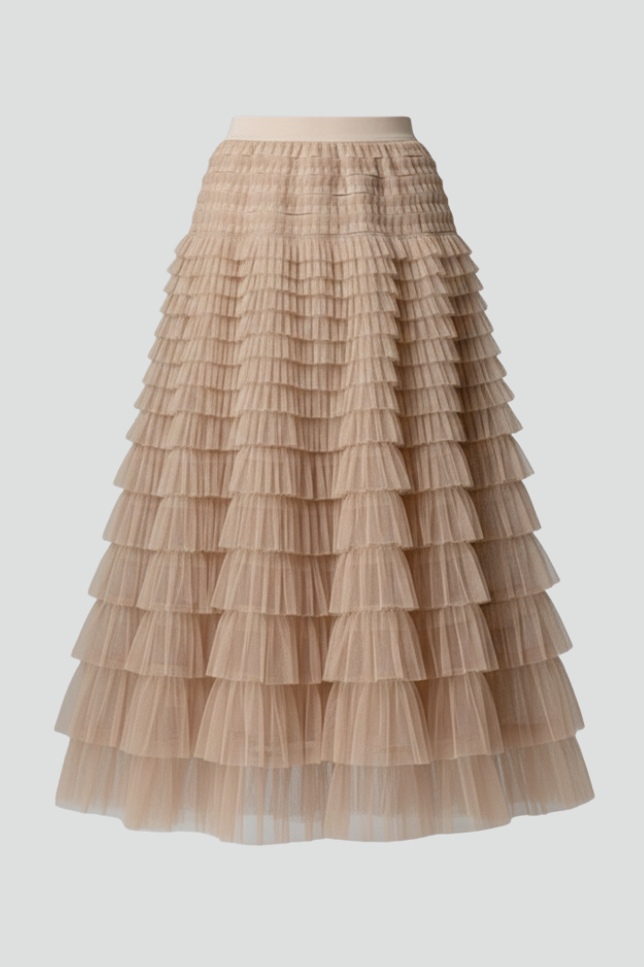 Elegant women's tiered midi skirt with a high waist and ruffle details, perfect for versatile styling.