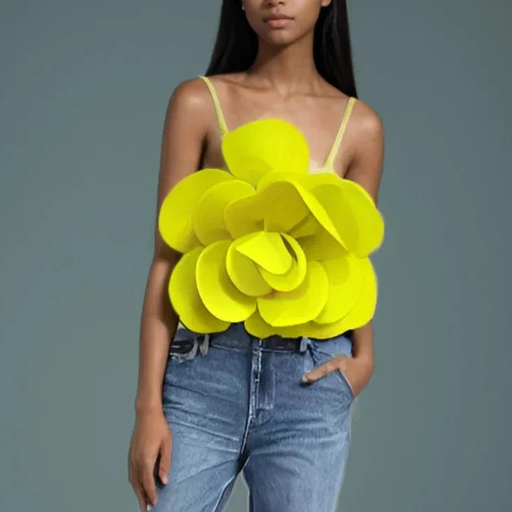 Elegant women's top featuring intricate 3D floral embellishments. Chic and stylish for spring/summer fashion.