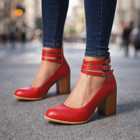 Elegant women's triple-strap block heels, perfect for formal evening events.