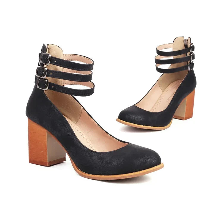 Versatile women's elegant block heel shoes with triple straps, suitable for evening or formal wear.