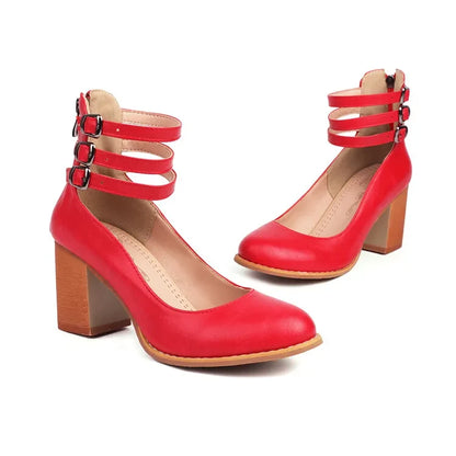 Women's triple-strap block heels, elegant design, comfortable for all-day wear, perfect pumps.