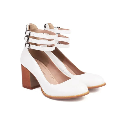 Sophisticated women's dress shoes: triple-strap block heels with a secure ankle buckle, chic & comfy.