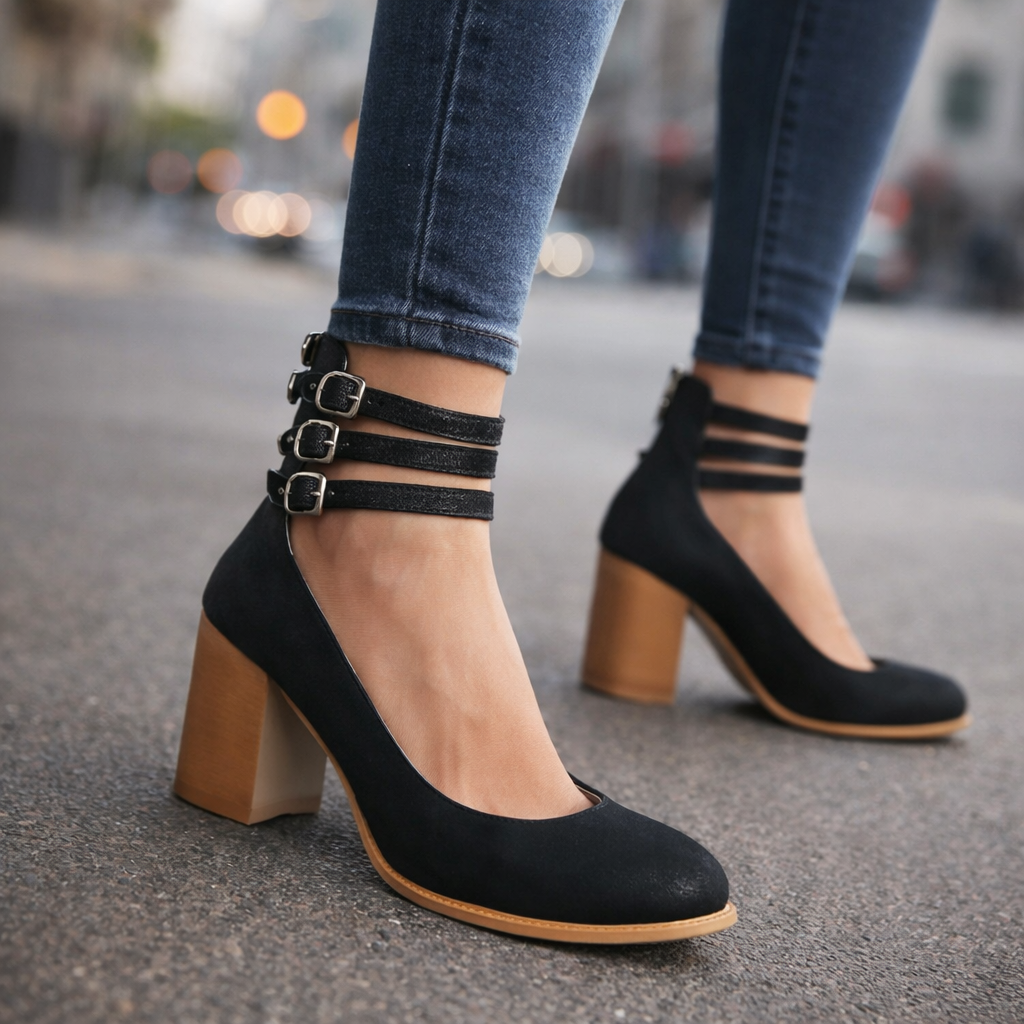 Comfortable women's block heels with chic triple straps and a secure buckle closure.