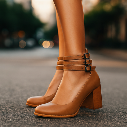 Women's formal dress shoes featuring triple ankle straps, a sturdy block heel, and elegant design.