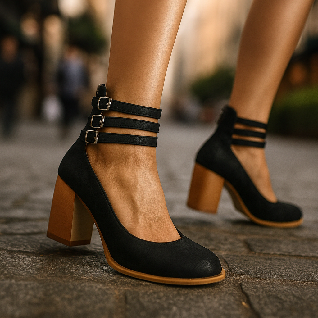 Stylish women's block heels featuring three delicate straps and a comfortable, elegant fit.