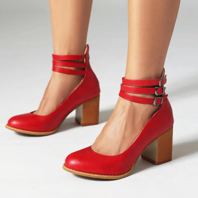 Women's chic strap heels: triple ankle straps, block heel, perfect for formal wear.
