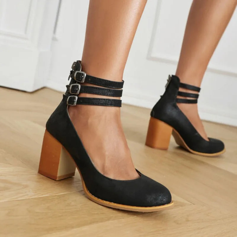 Women's comfortable block heel pumps, featuring elegant triple straps and an adjustable buckle.