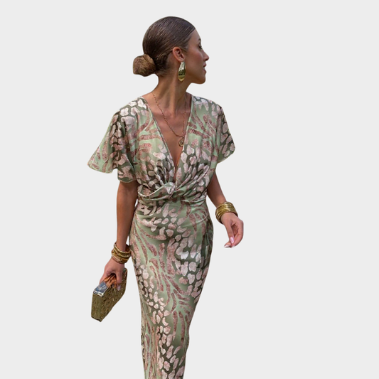 Elegant women's twist front maxi dress with V-neck & flutter sleeves, perfect for formal occasions.