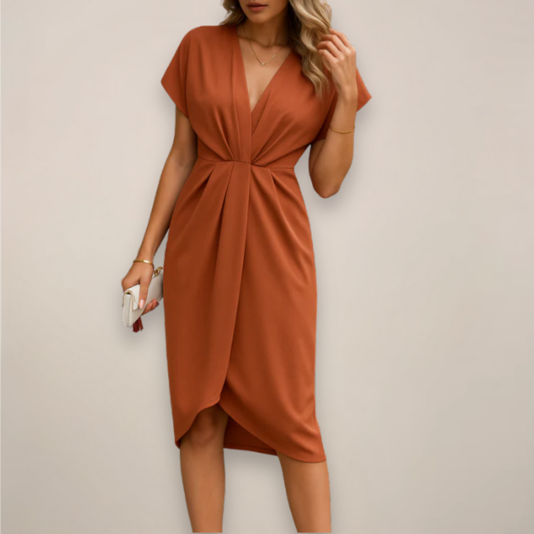 Stylish women's short sleeve bodycon midi dress featuring a flattering twist knot and V-neckline.
