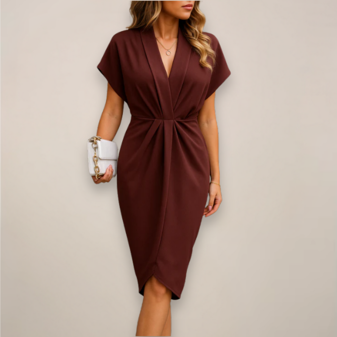 Chic women's black twist knot V-neck bodycon midi dress. Short sleeve design, ideal for evening wear.