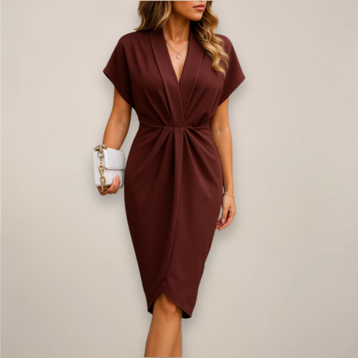 Chic women's black twist knot V-neck bodycon midi dress. Short sleeve design, ideal for evening wear.