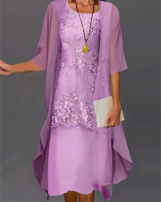 Elegant women's two-piece blue chiffon dress for special occasions; long, flattering fit, sophisticated formal wear.