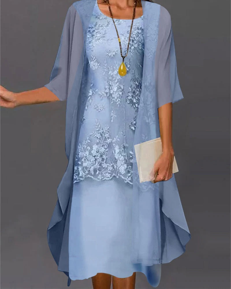 Sophisticated women's two-piece yellow chiffon evening dress; elegant, long, and flattering for formal events.