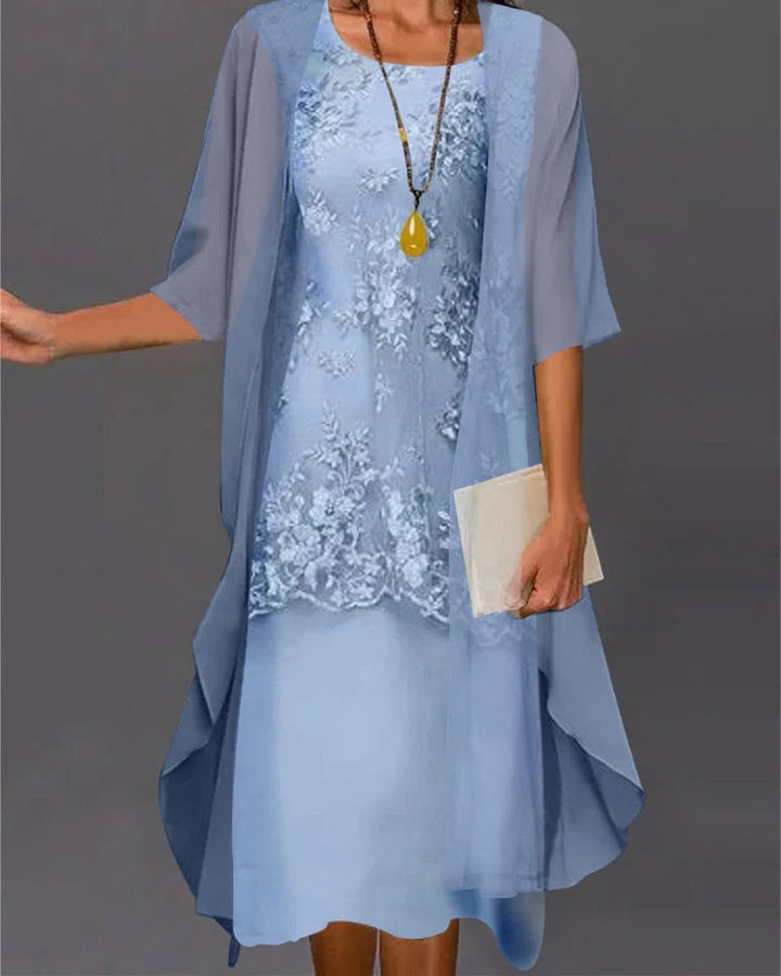 Sophisticated women's two-piece yellow chiffon evening dress; elegant, long, and flattering for formal events.