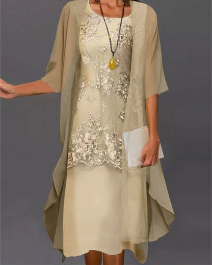 Stylish women's two-piece purple chiffon formal dress; elegant, long, and flattering for special occasion wear.