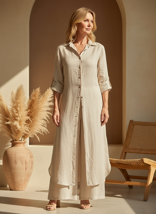 Elegant women's two-piece dress and wide-leg pants set. Versatile, chic outfit for various occasions.