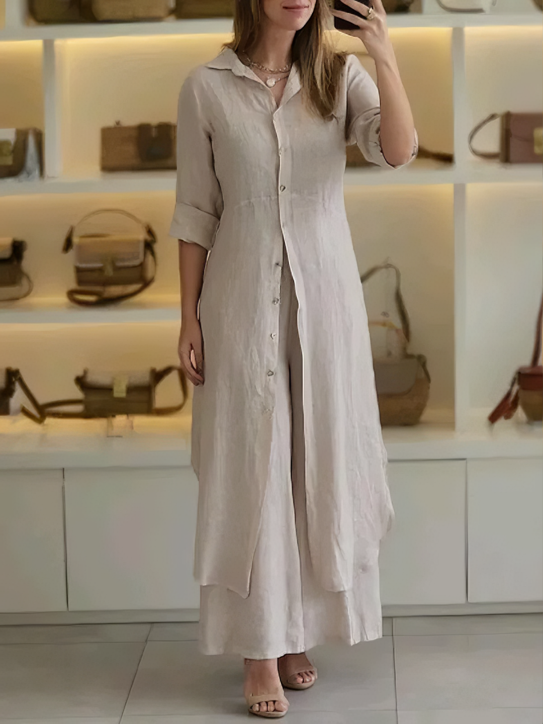 Chic women's two-piece set: elegant dress and wide-leg pants combo. Perfect for sophisticated styling.